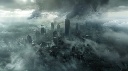 a city skyline shrouded in dark clouds and rain, evoking a sense of impending doom and representing the tumultuous end of an era amidst natural disaster or war.