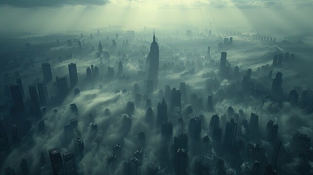 a city skyline shrouded in dark clouds and rain, evoking a sense of impending doom and representing the tumultuous end of an era amidst natural disaster or war.