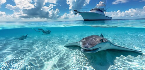 An engaging split view of a stingray in clear waters with a diver and boat above
