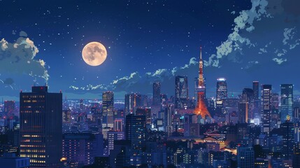 Vibrant Tokyo Night Sky Illuminated by the Luminescent Full Moon