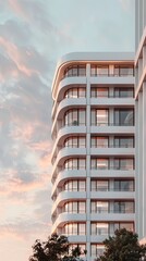 An architectural photograph of a contemporary white apartment building, highlighted by the soft glow of a sunset
