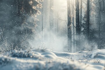 An enchanting winter landscape captures the quiet beauty of a forest covered in snow with sunlight streaming through