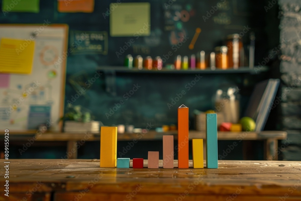 Poster wooden table displaying vibrant wooden blocks in various colors and sizes, a bar chart comparing dif