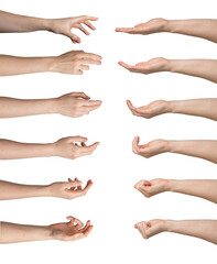 Woman showing hand gestures, fingers movements isolated. Closeup of arm gestures on white background