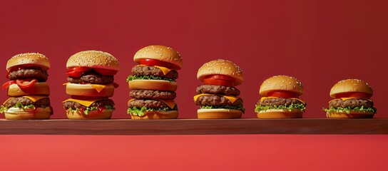 A variety of stacked cheeseburgers with lettuce, tomato, and cheese arranged in a row against a bold red background. Line graph illustrating market share trends in the fast food sector