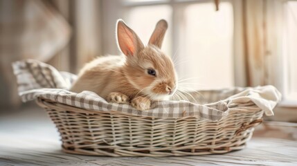 a cute light brown bunny sitting snugly inside a white and beige checkered basket, nestled on a table near a window bathed in soft daylight at home.