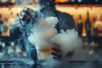 Fototapeta premium A person holding a glass filled with beer that emits smoke, creating a mysterious ambiance, A bartender crafting a smoky and mysterious cocktail with dry ice