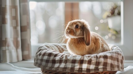 a cute light brown bunny sitting snugly inside a white and beige checkered basket, nestled on a table near a window bathed in soft daylight at home.
