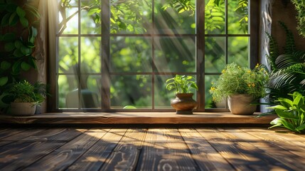 Fototapeta premium A window with a view of a lush green garden. The window is open, letting in the sunlight and the fresh air. There are several potted plants on the windowsill, including a vase with flowers