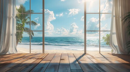 A beach scene with a view of the ocean through a window. The curtains are open, allowing the sunlight to shine in and illuminate the room. Scene is peaceful and relaxing