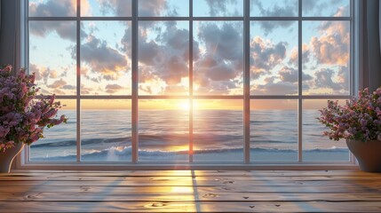 A window overlooking the ocean with a sunset in the background. The view is serene and peaceful