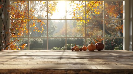 A table with a view of a forest and a bunch of pumpkins on it. The pumpkins are arranged in a row and are of different sizes. Concept of autumn and the beauty of nature - Powered by Adobe