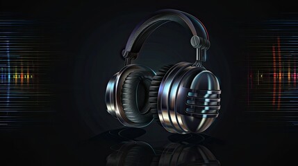 a retro microphone adorned with headphones, set against a vibrant green sound wave background, evoking a nostalgic ambiance reminiscent of classic recording studios.