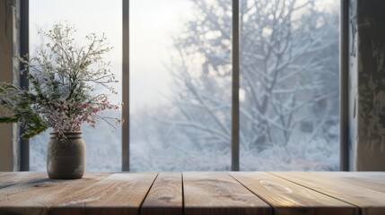 A vase of flowers sits on a wooden table next to a window. The window is covered in snow, and the view outside is of a tree covered in snow. Concept of calm and tranquility