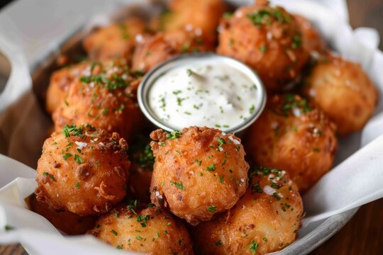 A basket filled with golden crispy tater tots covered generously in creamy ranch dressing, A basket of golden brown hush puppies served with tartar sauce