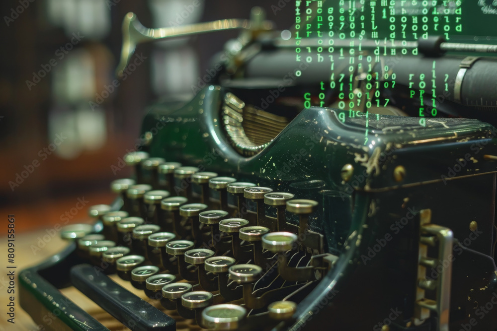 Poster an old typewriter with a green background of numbers and letters