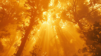 Sun rays penetrating through misty forest trees