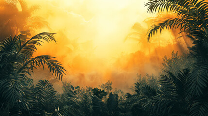Tropical jungle with misty sunset and lush foliage