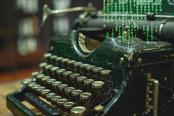 An old typewriter with a green background of numbers and letters