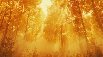 Enchanting autumn forest scene with golden sunlight and mist