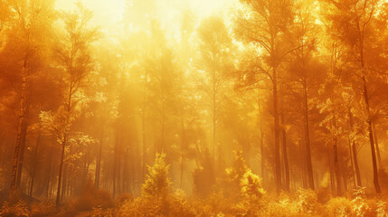 Obraz premium Sunlit golden forest scene in serene morning light