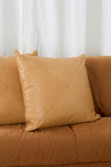 Warm tan leather throw pillows. Luxury handmade decor.