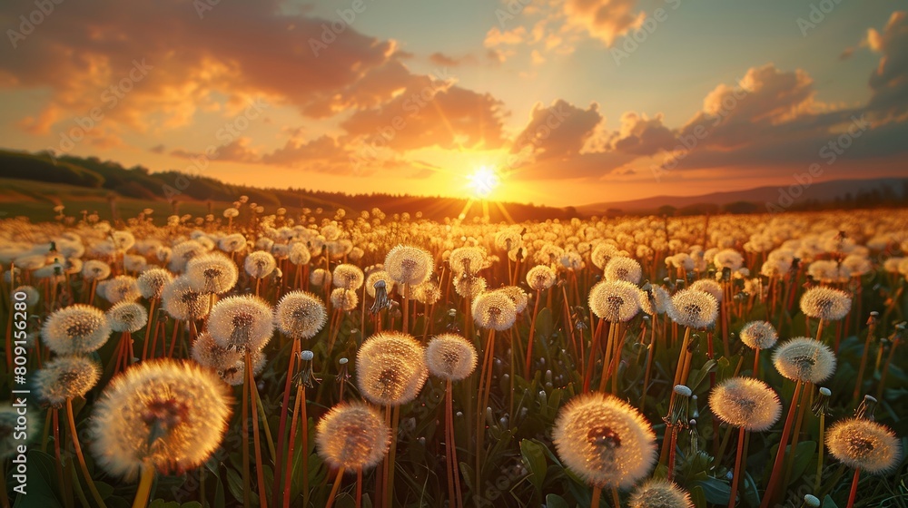 Canvas Prints a field of dandelions is in full bloom, with the sun setting in the background