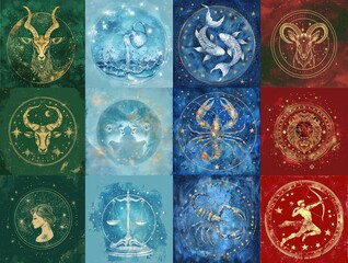 Set of zodiac signs symbols by elements, astrology