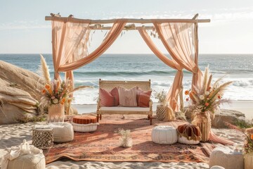 A beach wedding setup featuring a stylish couch and chairs for a bohemian celebration by the sea, A beachside celebration with a bohemian vibe and flowing fabrics