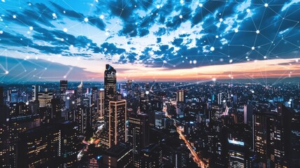 a big data connection network against the backdrop of a burgeoning smart city skyline, illuminated by the soft hues of dawn breaking over the horizon.