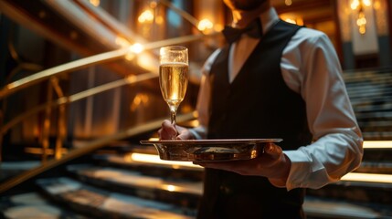 concierge at the top of an exclusive VIP staircase holding a tray with champagne. generative AI - Powered by Adobe