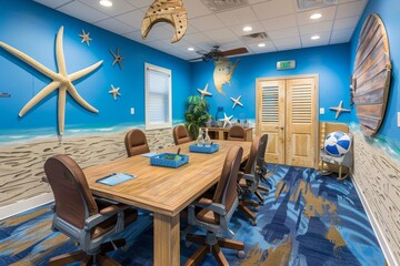 Room featuring a table, chairs, and a starfish mural on the wall, designed in a beach theme, A beach-themed conference room with sand-colored walls and nautical accents