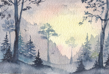 Watercolor hand drawn misty forest background. Evening cloudy time sunrise in the forest.
