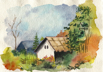 Landscape with farm house and trees in a village. Hand drawn watercolor illustration.