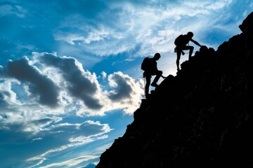 Silhouette of a man helping his friend climb a mountain against the sky with clouds in the background, depicting the concept of help and teamwork Generative AI