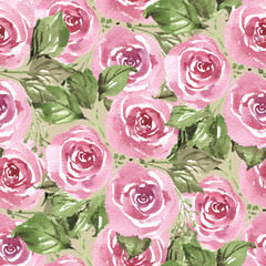 Hand drawn watercolor pink roses flowers bouquet with green leaves. Pastel colors, seamless pattern print background.