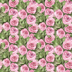 Hand drawn watercolor pink roses flowers bouquet with green leaves. Pastel colors, seamless pattern print background.