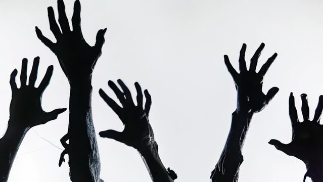 Scary zombie hand on white background.
