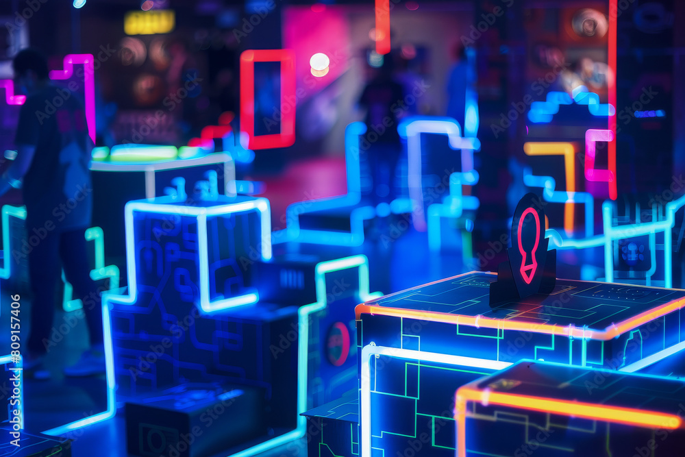 Poster a neon maze with a red arrow pointing to the right