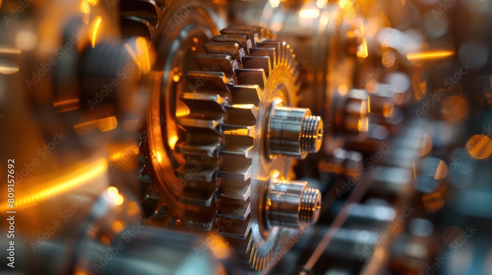 Poster macro shot of multiple interlocking gears with a focus on the interaction between the mechanical par