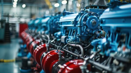 Fototapeta premium Multiple blue engines lined up in an automotive factory, showcasing mass-production and industrial engineering