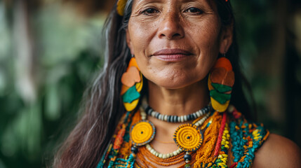 Portrait of a Native Woman with Traditional Beaded Jewelry and Warm Smile