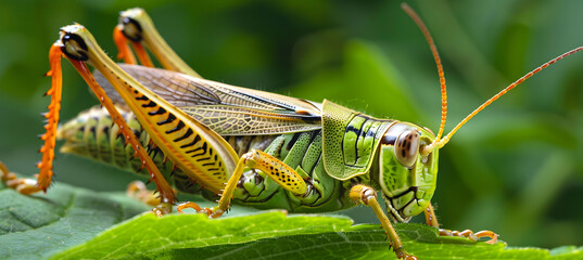 locust. Close-up of grasshopper resting on green leaf