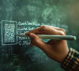 Hand drawing a QR code on a complex digital circuit board background
