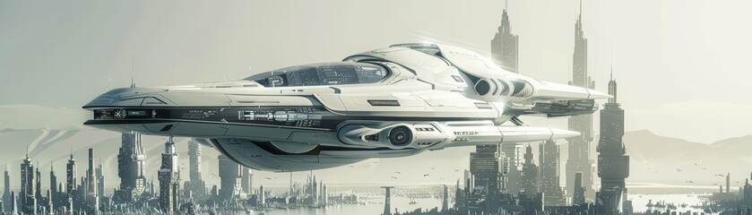 A futuristic spaceship hovers over an imagined cityscape, rendered as a model isolated on a white background to emphasize its sleek design