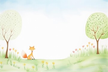 A fox painting a landscape on a canvas in a lush forest, single object, isolated white background, cartoon drawing, water color style,