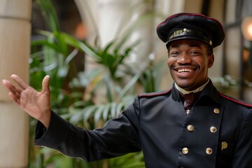 A man in a uniform is cheerfully making a peace sign gesture, A bellhop greeting guests with a warm smile and outstretched hand