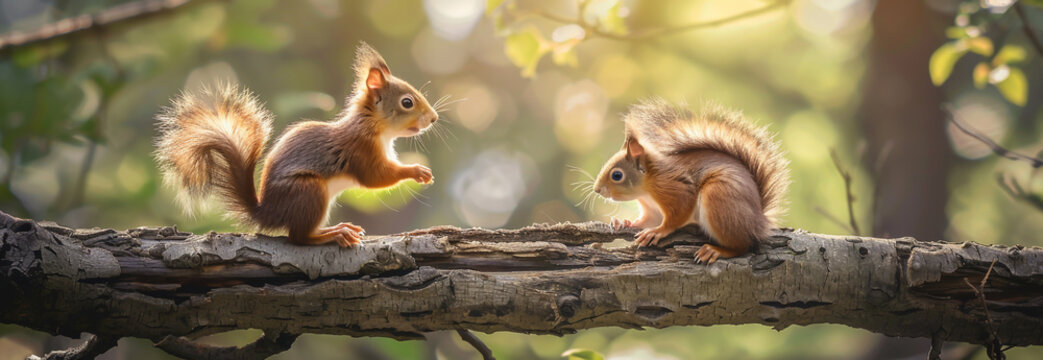 Two cute squirrels playing on the tree branch in the forest