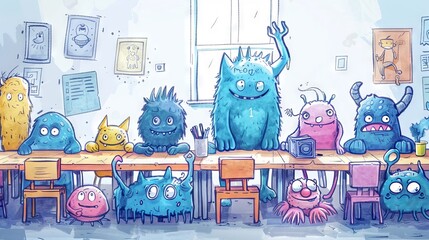 A classroom full of colorful monsters, the teacher is a pink blob, the monsters are sitting in rows, they are all looking at the teacher.