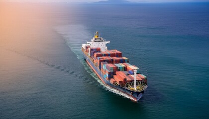 Fototapeta premium detailed miniature model representing a container ship sailing through simulated open seas, logistics of import and export freight transportation. The model ship is sea water background